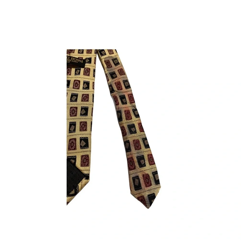 Umberto Bossi Tie Roma Milano Gold Black Red Geo Tip Bar Tac Hand Made 58 x 3.75